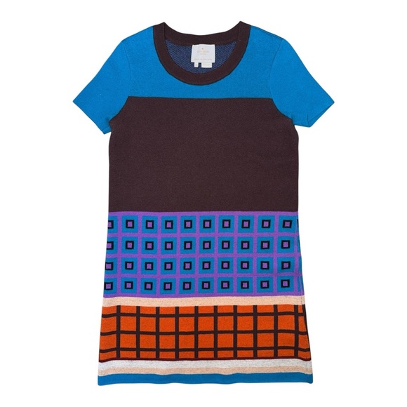 Kate Spade Blue and Black Short Sleeve Dress with Geometric Patterns - Picture 1 of 5
